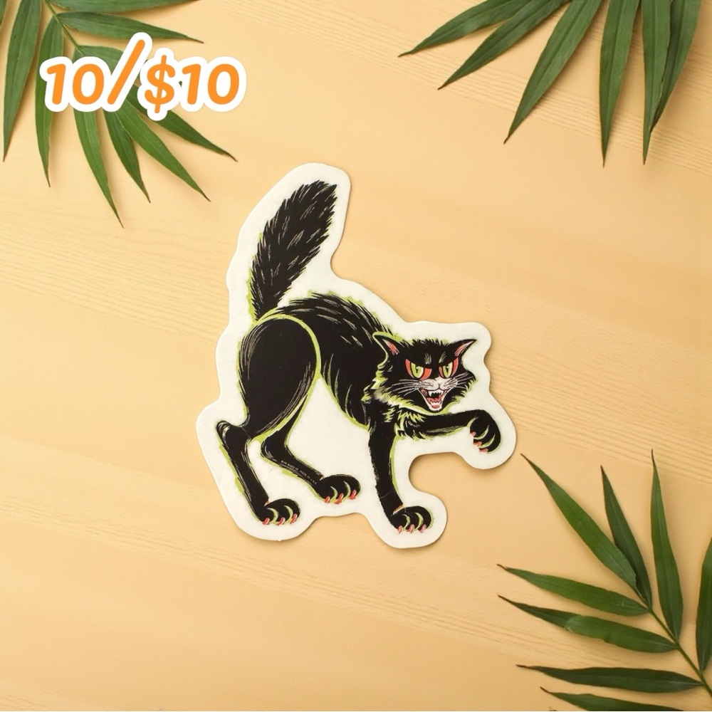 Vintage Halloween Black Cat Sticker – Scared Spooky Cat | Retro Style | Matte